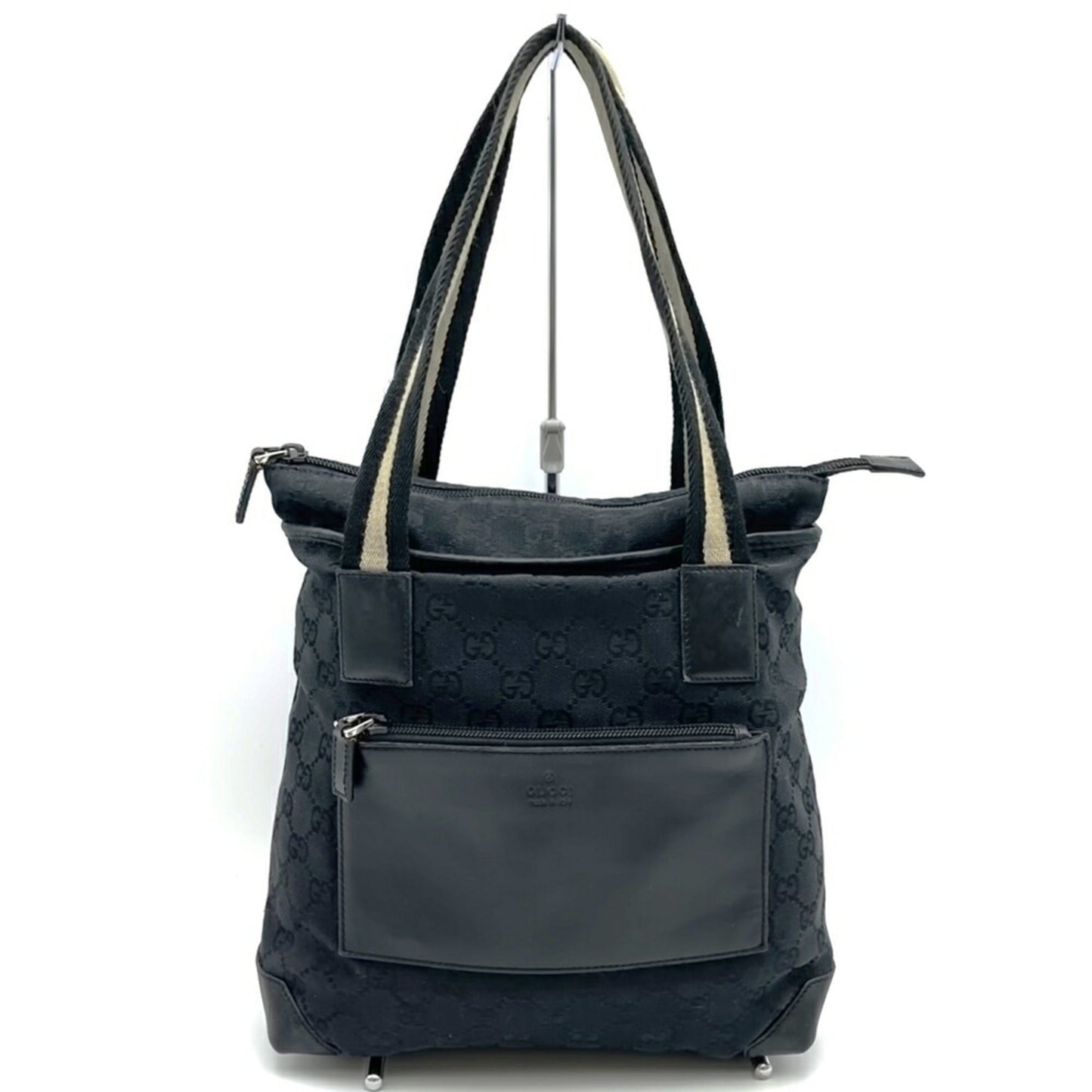 Gucci Black Gg Canvas Leather Tote Bag ( )
