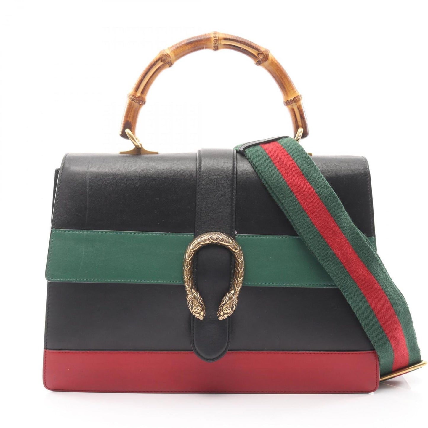 Gucci Black Green Red Color Leather Handbag ( )