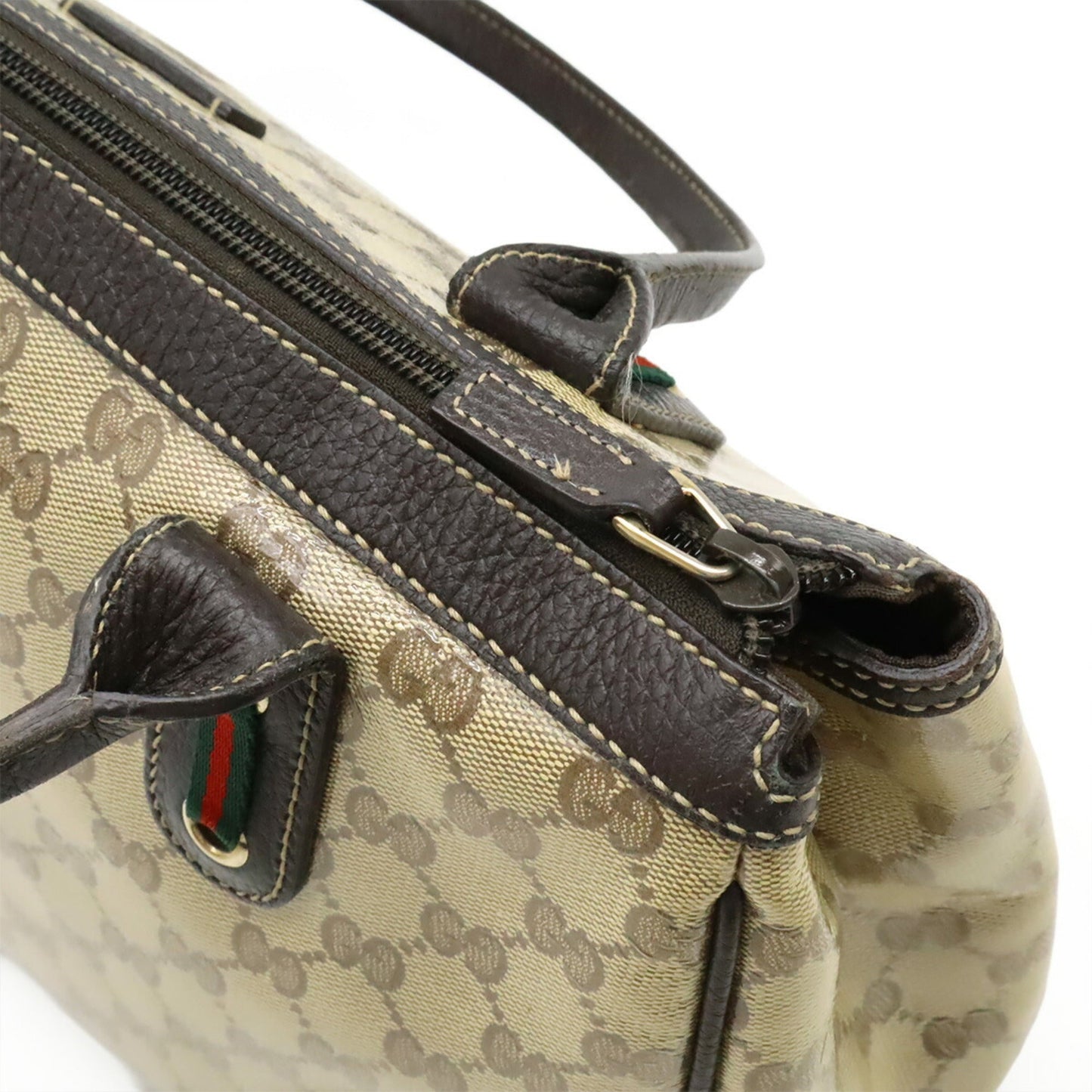 Gucci Beige Dark Brown Khaki Multi-Color Gg Crystal Leather Handbag Tote Bag ( )