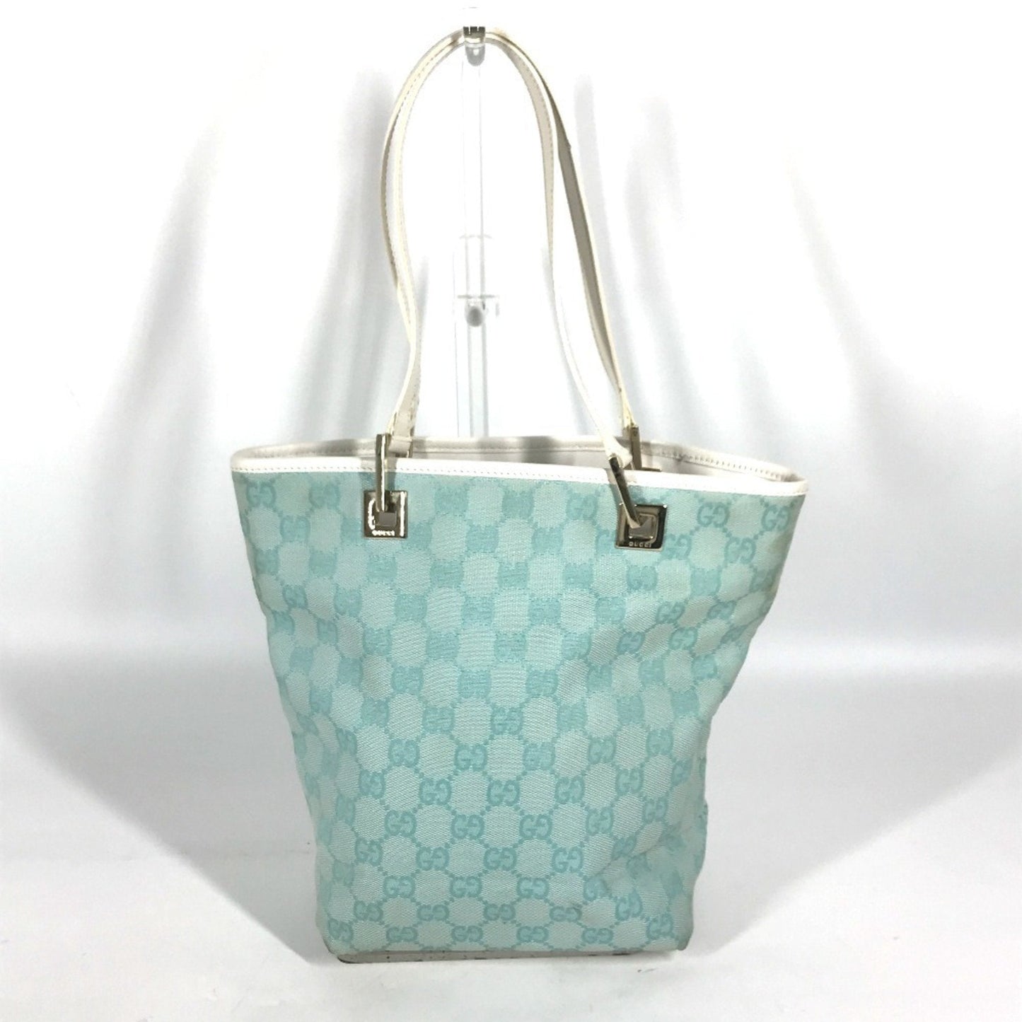 Gucci Blue White Canvas Leather Shoulder Bag Tote Bag ( )