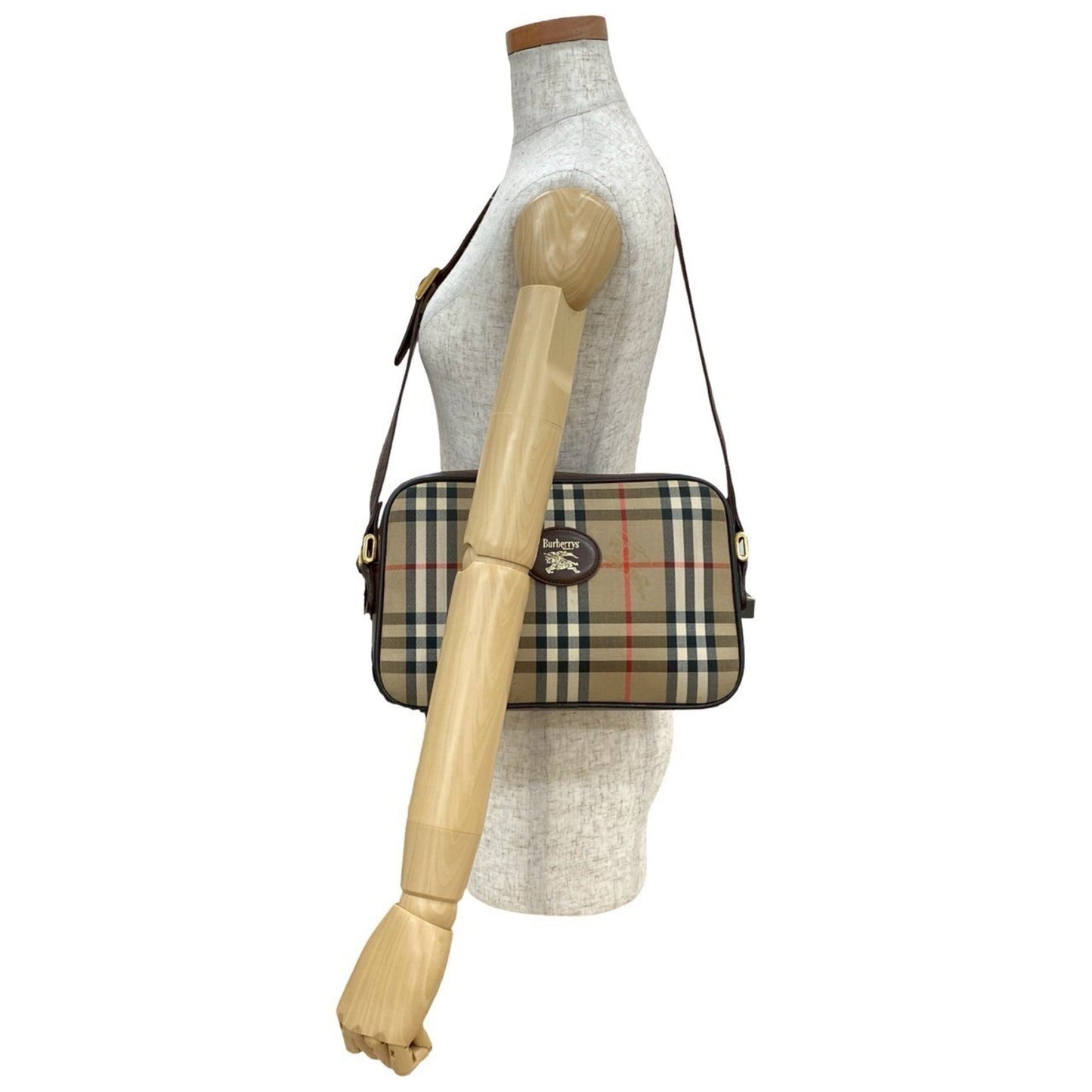 Burberry Beige Black Brown Red Color Canvas Leather Pochette Shoulder Bag ( )