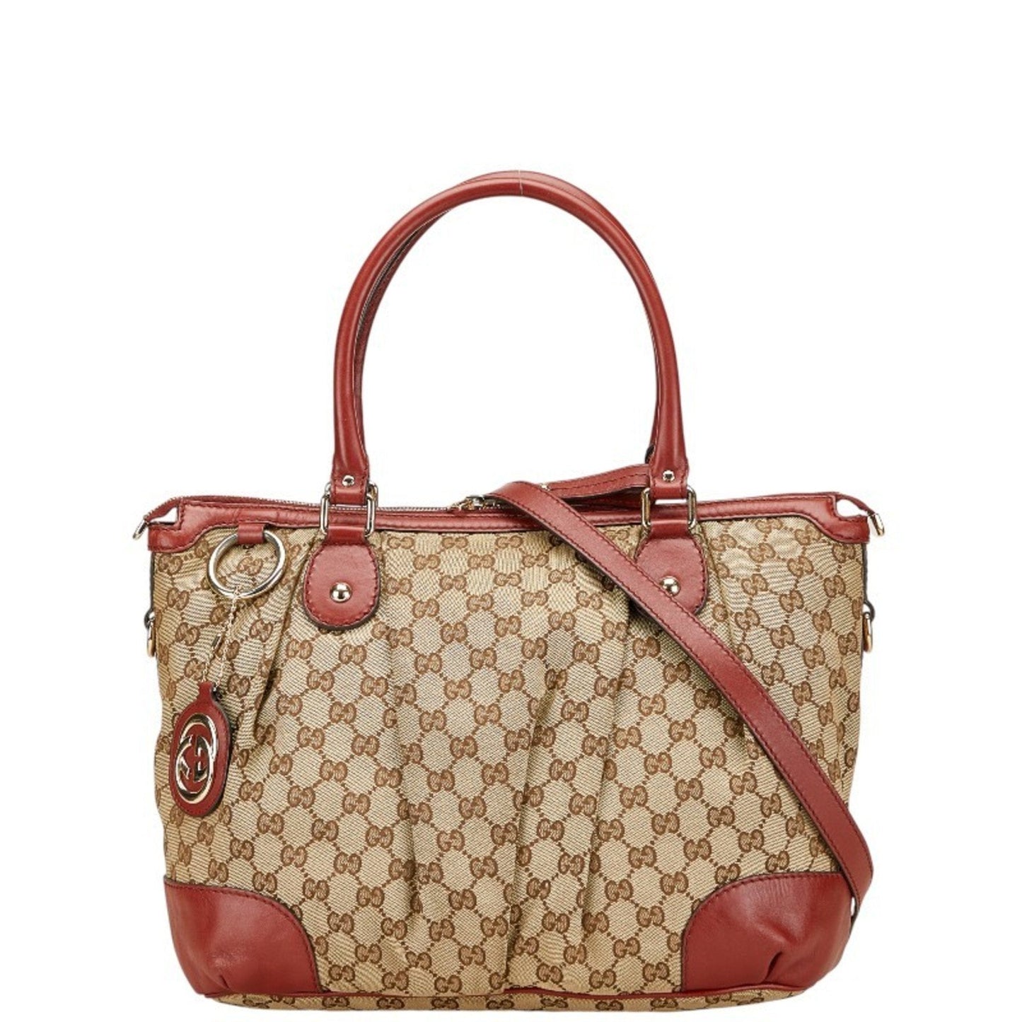 Gucci Beige Red Color Canvas Leather Shoulder Bag Tote Bag ( )