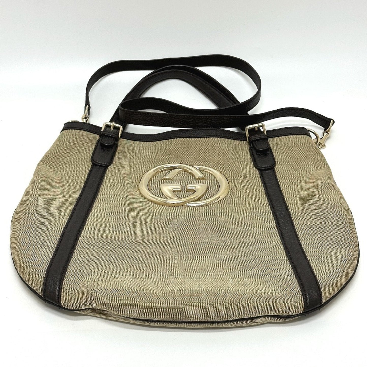 Gucci Beige Canvas Leather Shoulder Bag Tote Bag ( )