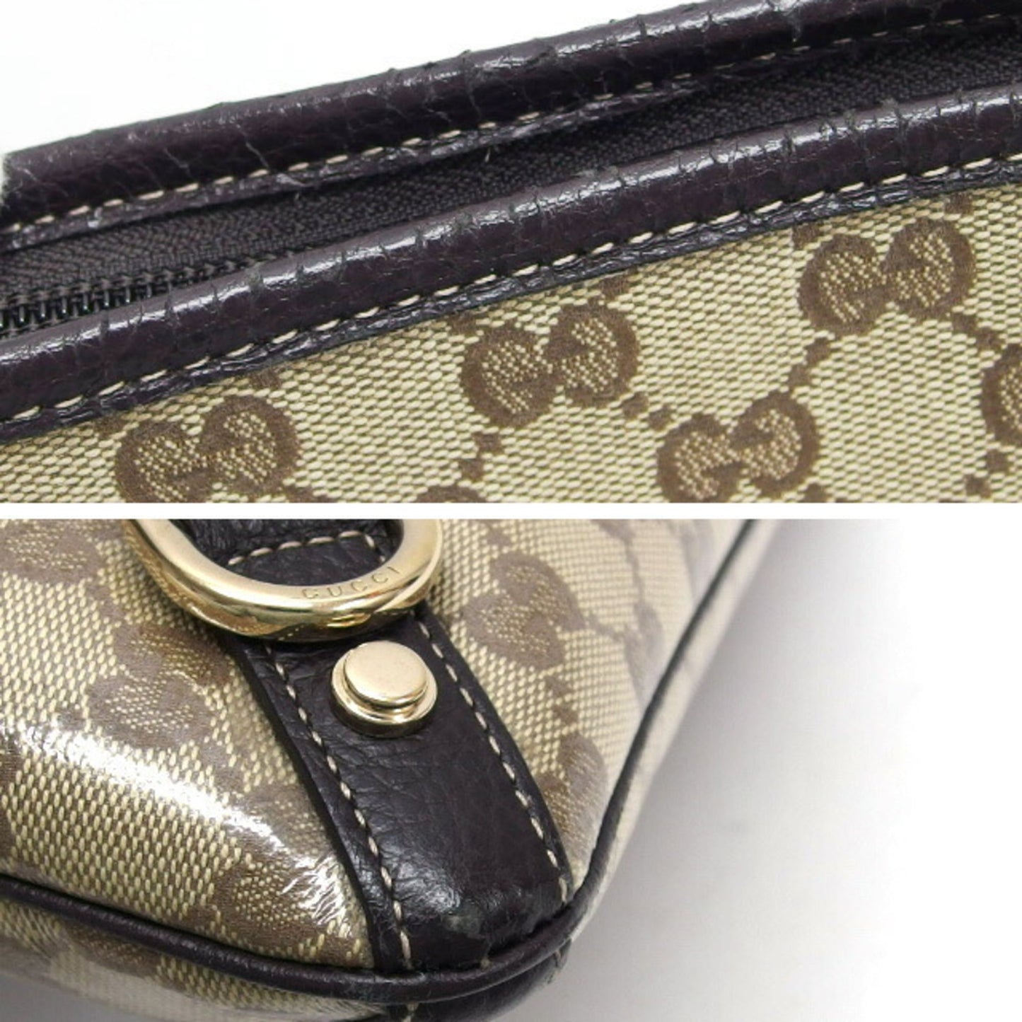 Gucci Beige Dark Brown Coated Canvas Leather Shoulder Bag ( )
