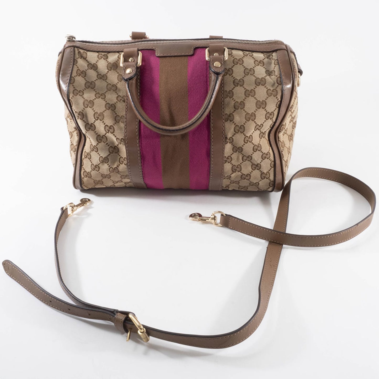 Gucci Brown Pink Gg Canvas Leather Boston Bag Shoulder Bag ( )