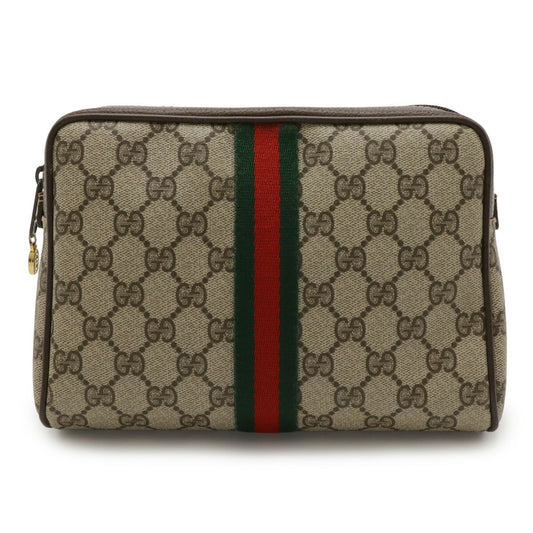 Gucci Beige Brown Green Red Color Coated Canvas Leather Clutch Bag ( )