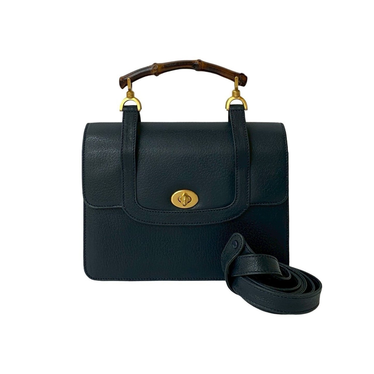Gucci Navy Leather Bamboo Handbag Shoulder Bag ( )