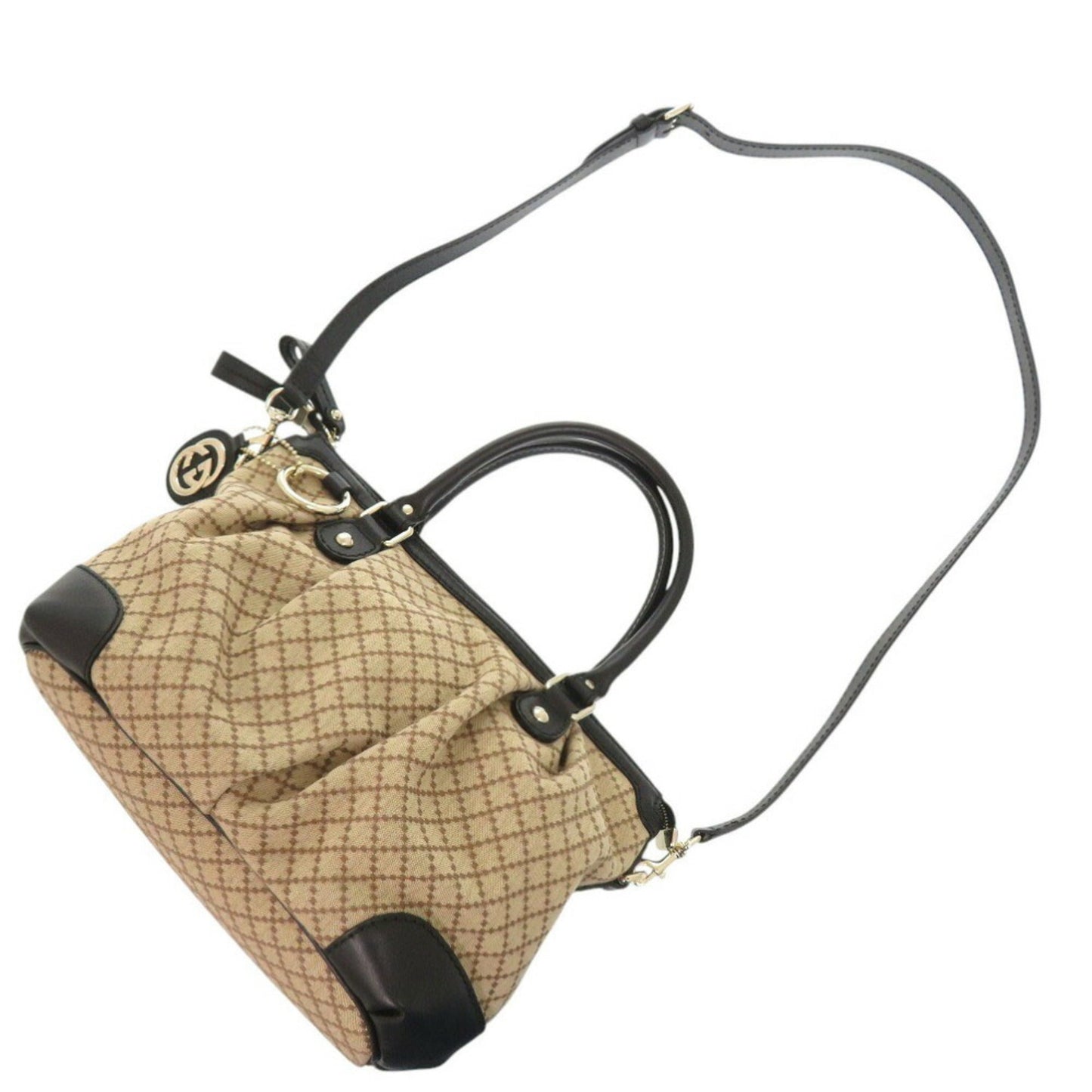 Gucci Beige Black Gg Canvas Leather Handbag ( )