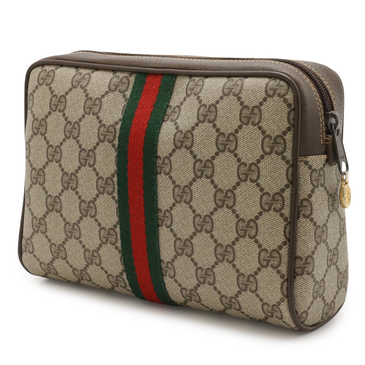 Gucci Beige Brown Green Red Color Coated Canvas Leather Clutch Bag ( )