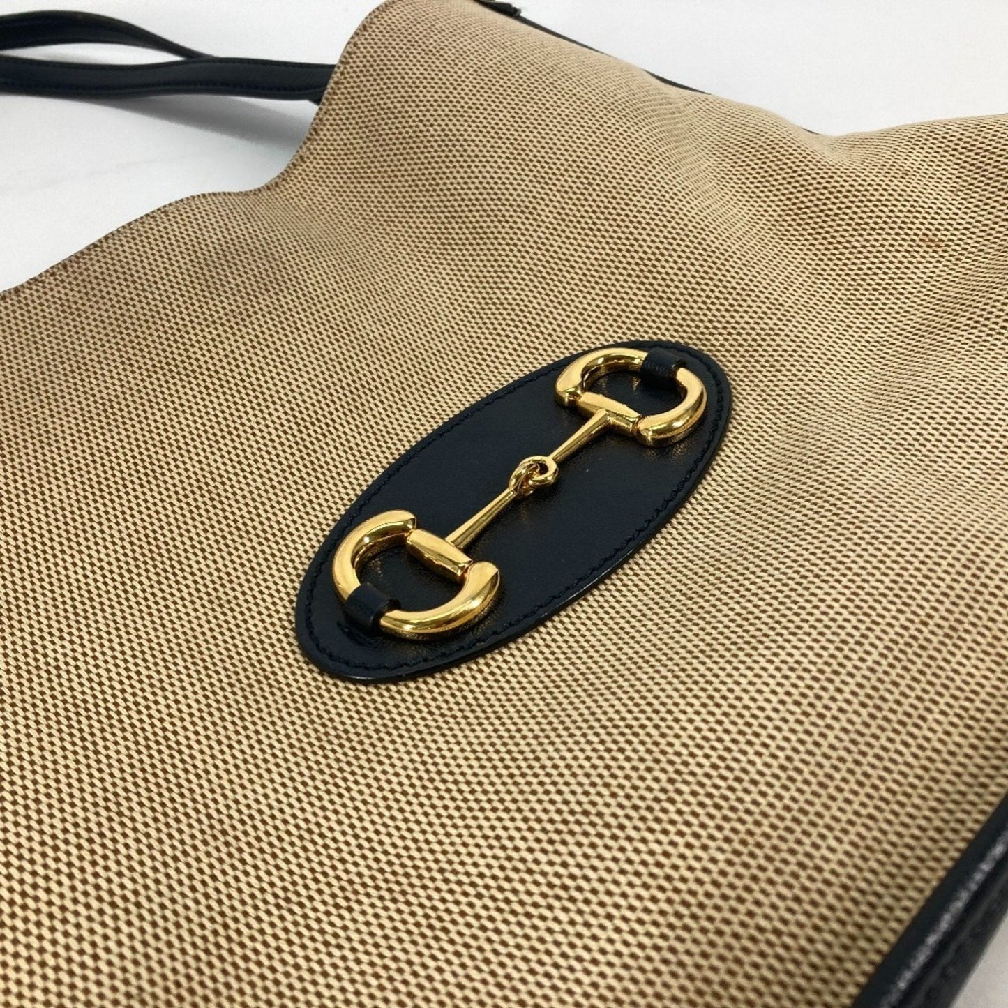 Gucci Beige Navy Canvas Leather Shoulder Bag Tote Bag ( )