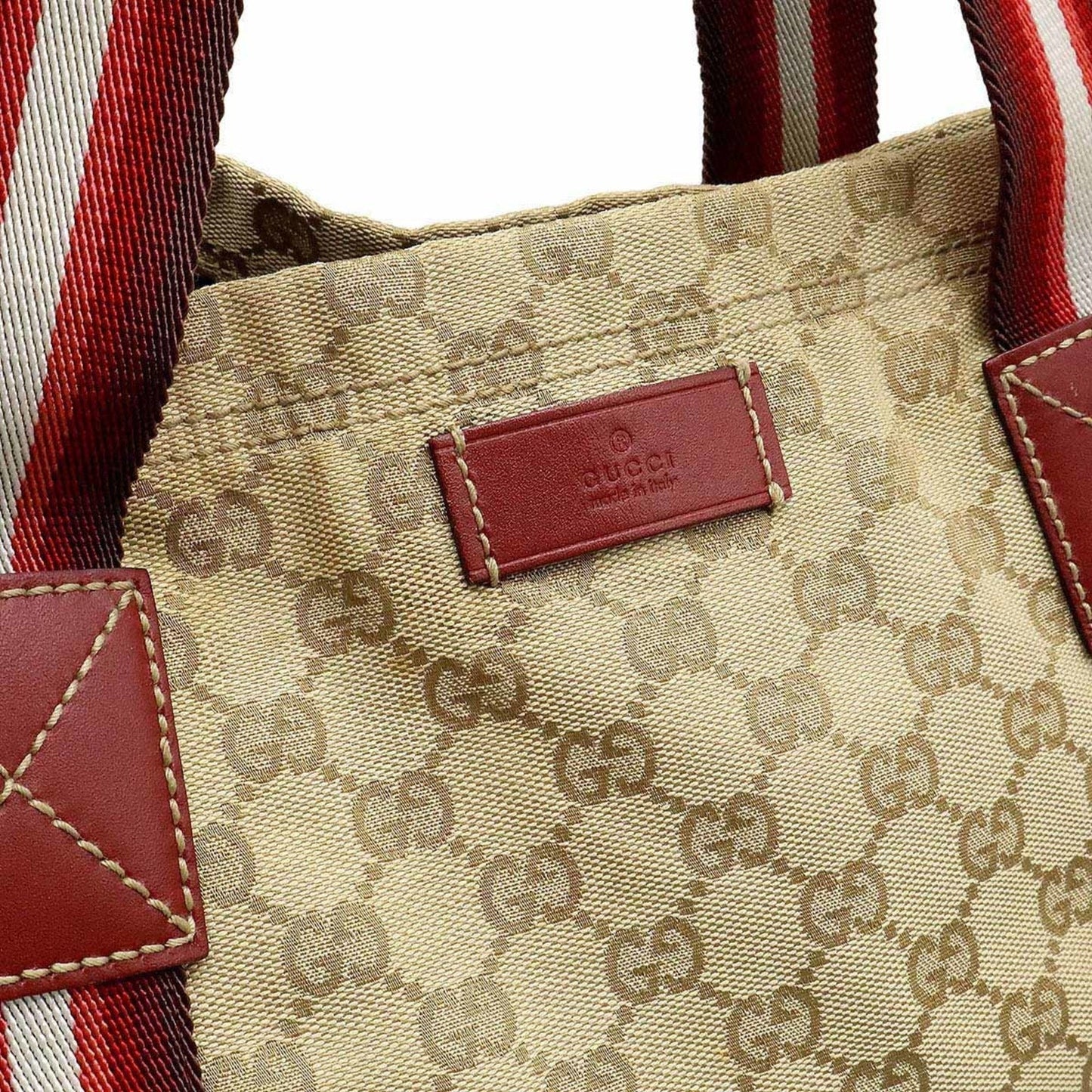 Gucci Beige Multi-Color Red Color Canvas Leather Shoulder Bag Tote Bag ( )