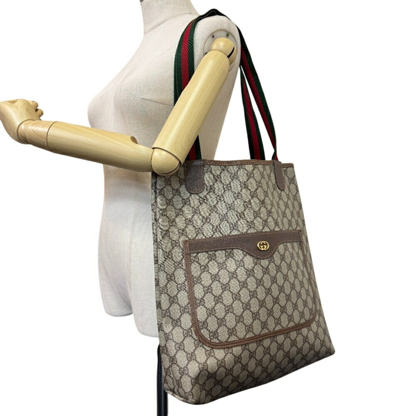 Gucci Sherry Line Beige Brown Green Red Color Pvc Canvas Tote Bag ( )