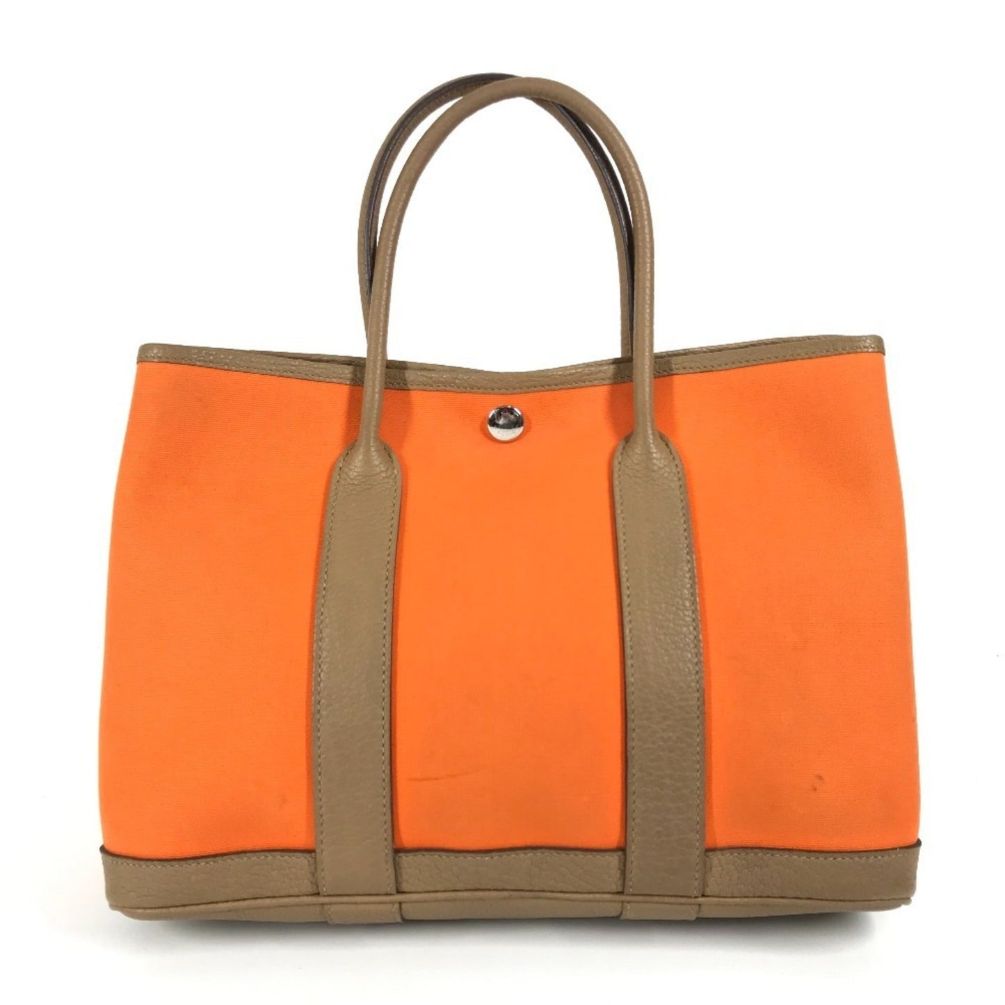 Hermes Garden Brown Orange Toile Officier Negonda Leather Handbag Tote Bag ( )