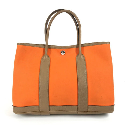 Hermes Garden Brown Orange Toile Officier Negonda Leather Handbag Tote Bag ( )