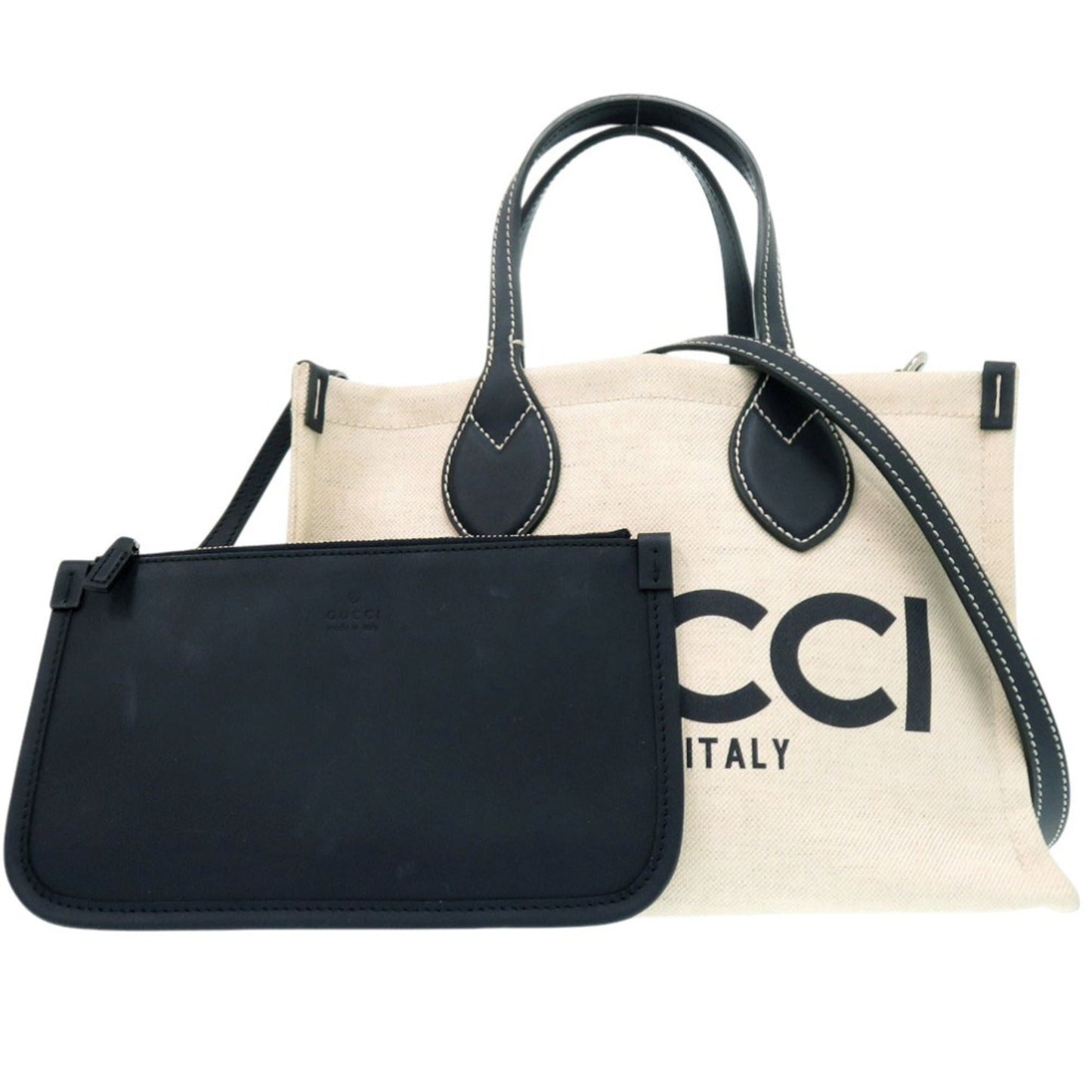Gucci Navy Canvas Leather Tote Bag ( )