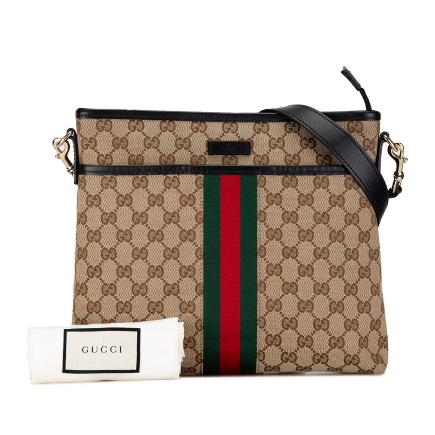 Gucci Beige Black Canvas Leather Shoulder Bag ( )