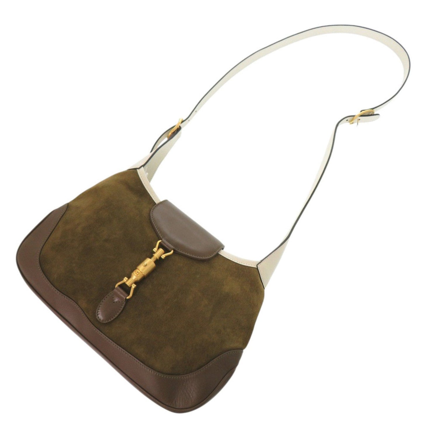 Gucci Brown Ivory Khaki Leather Suede Shoulder Bag ( )