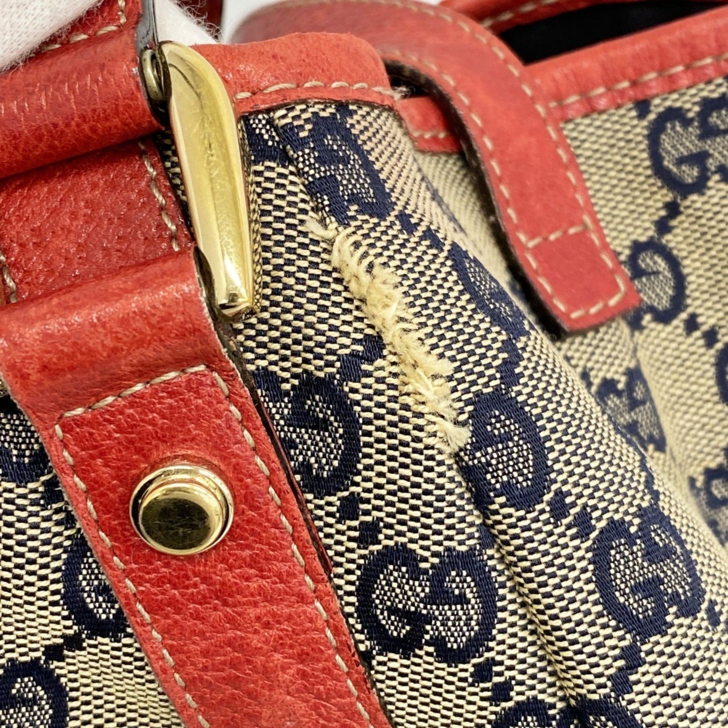 Gucci Beige Navy Red Color Canvas Tote Bag ( )