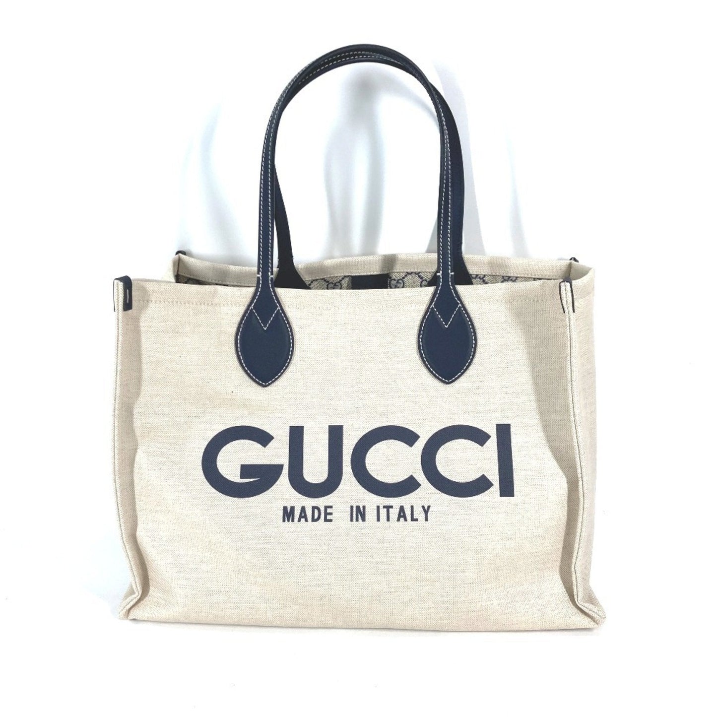 Gucci Beige Black Dark Navy Canvas Leather Shoulder Bag Tote Bag ( )