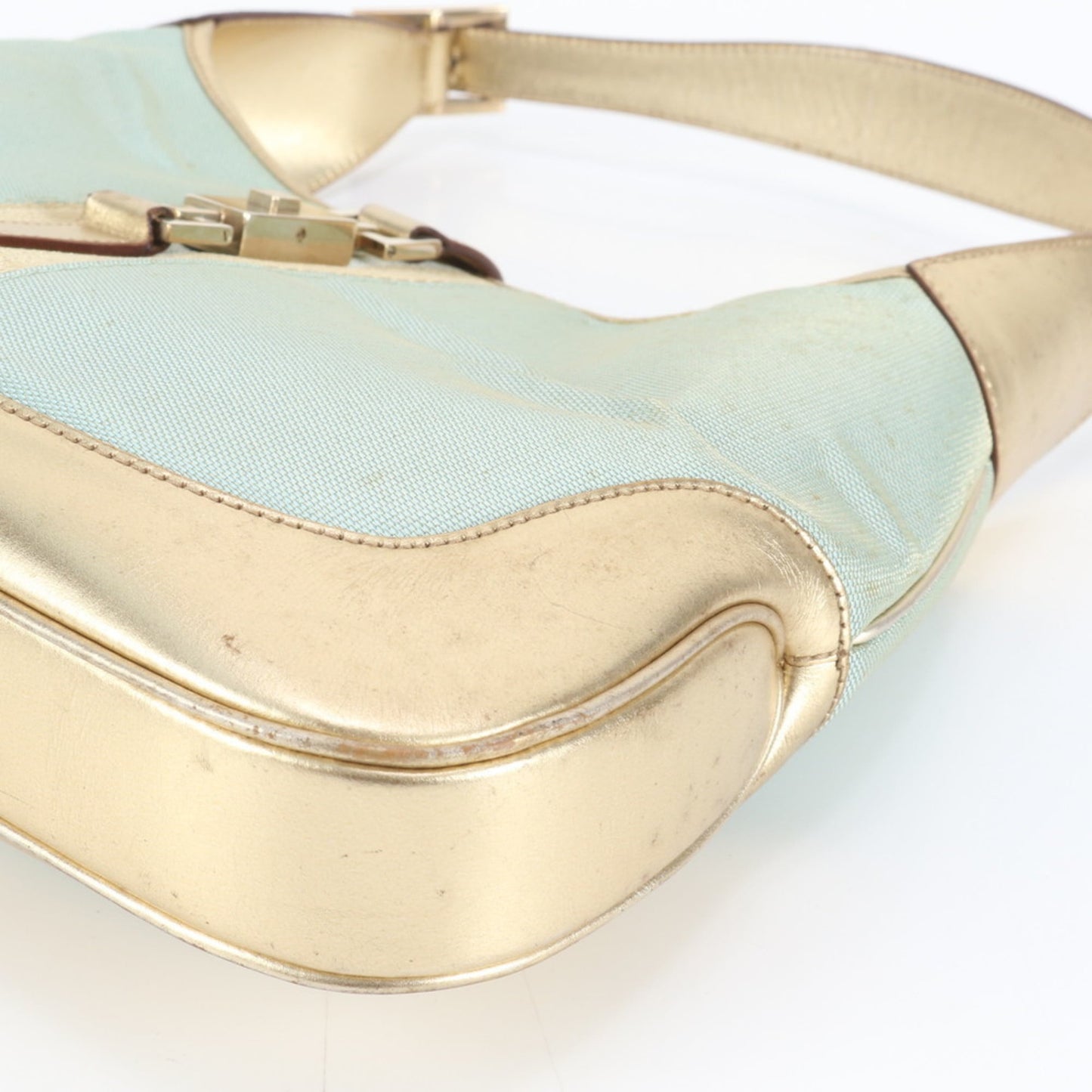 Gucci Blue Gold Leather Canvas Shoulder Bag ( )