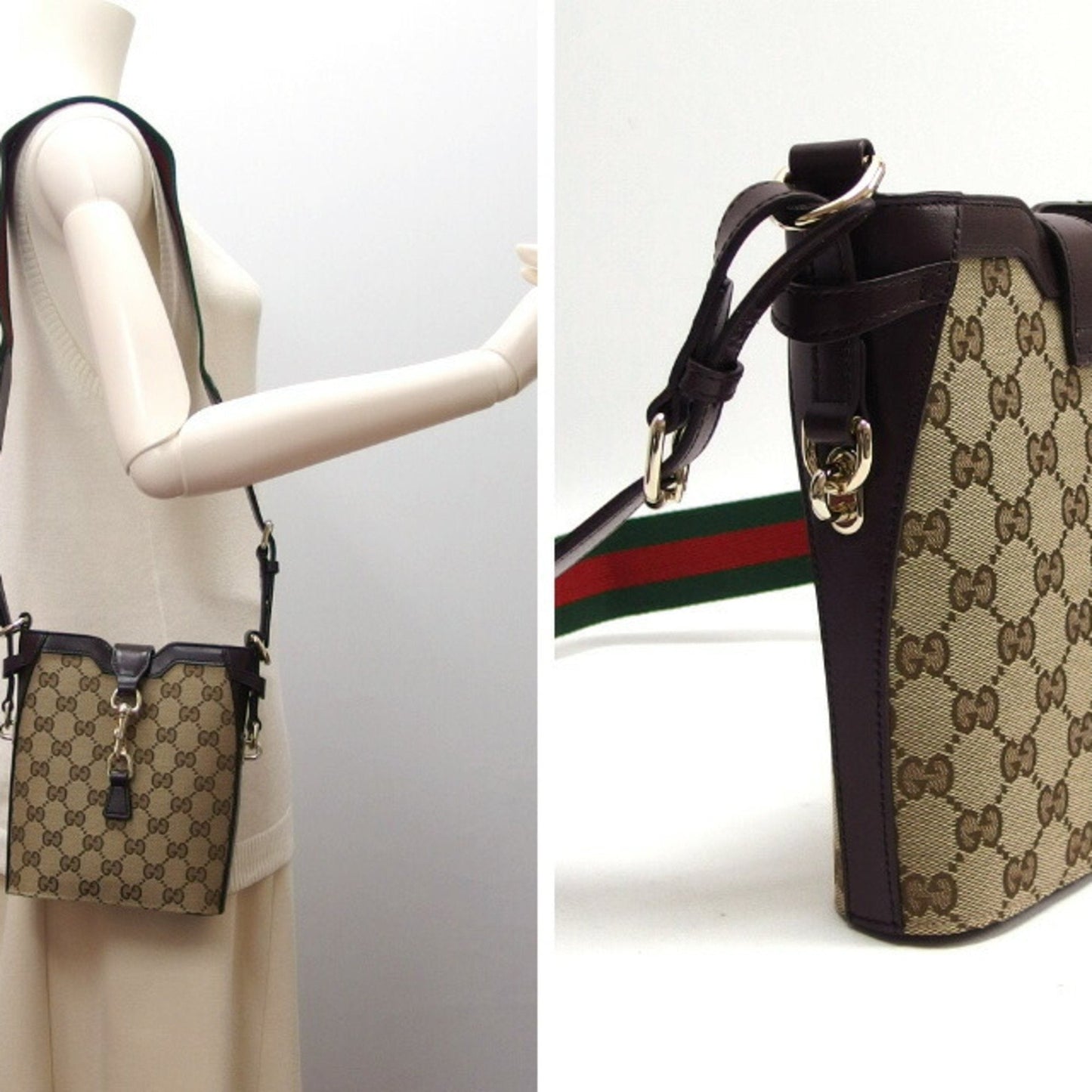 Gucci Beige Dark Brown Canvas Shoulder Bag ( )