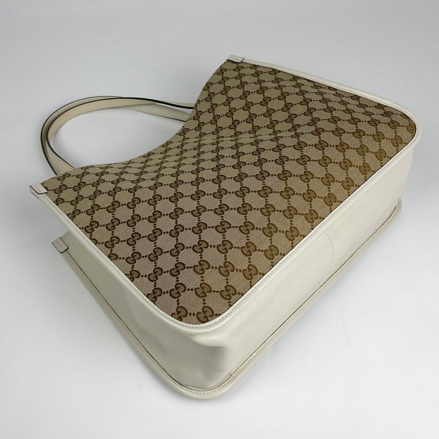 Gucci Beige White Gg Canvas Leather Shoulder Bag Tote Bag ( )