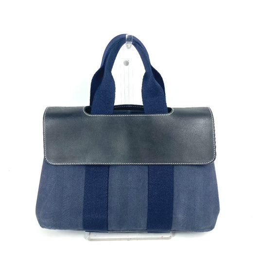 Hermes Navy Leather Canvas Handbag Tote Bag ( )