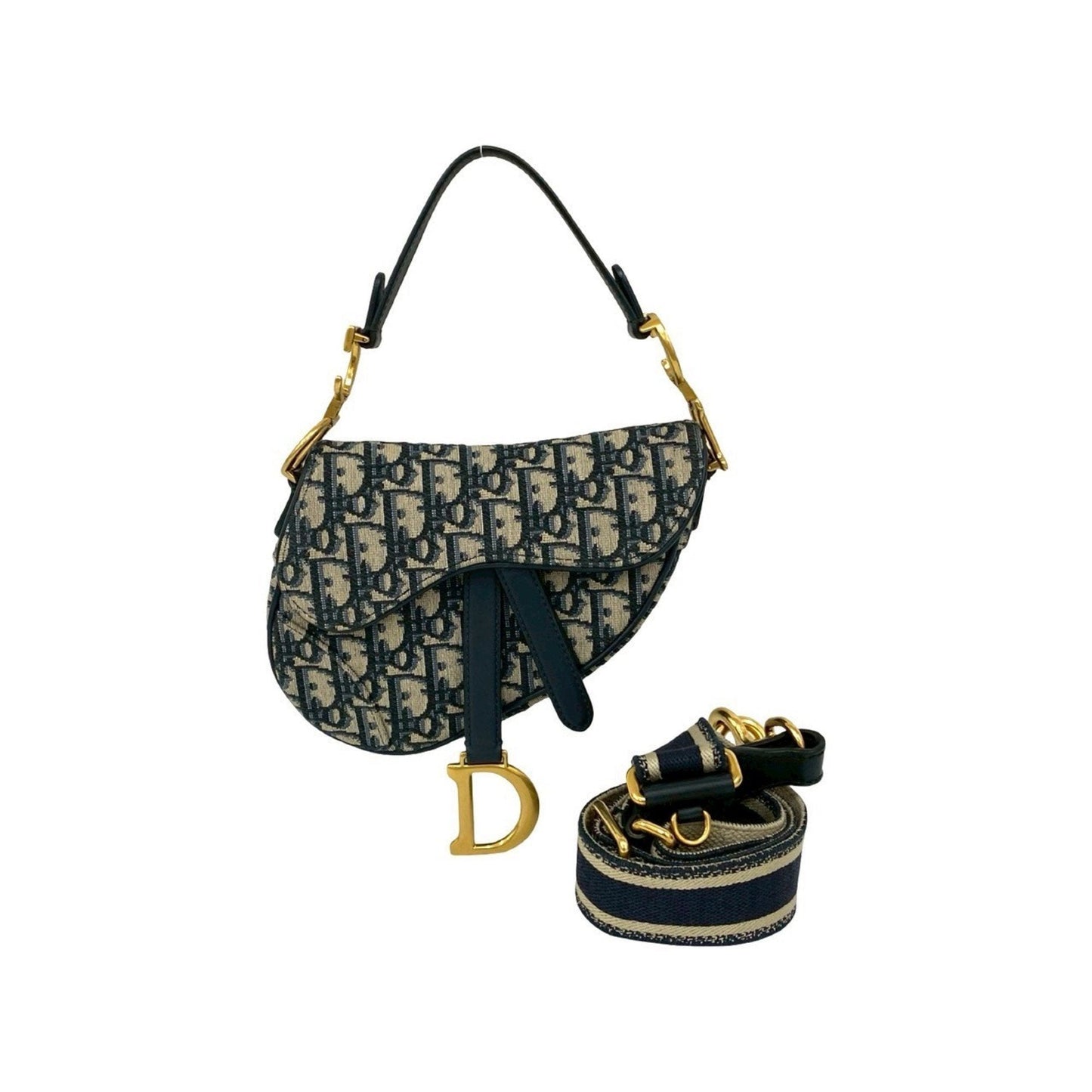 Christian Dior Navy Leather Canvas Handbag Saddle Bag Shoulder Bag ()