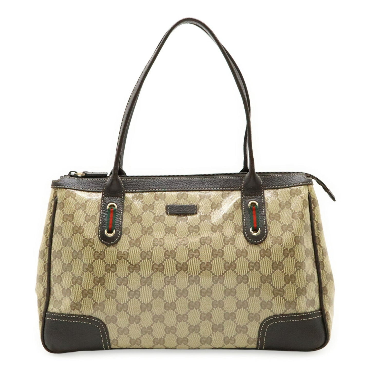 Gucci Beige Dark Brown Khaki Multi-Color Gg Crystal Leather Handbag Tote Bag ( )