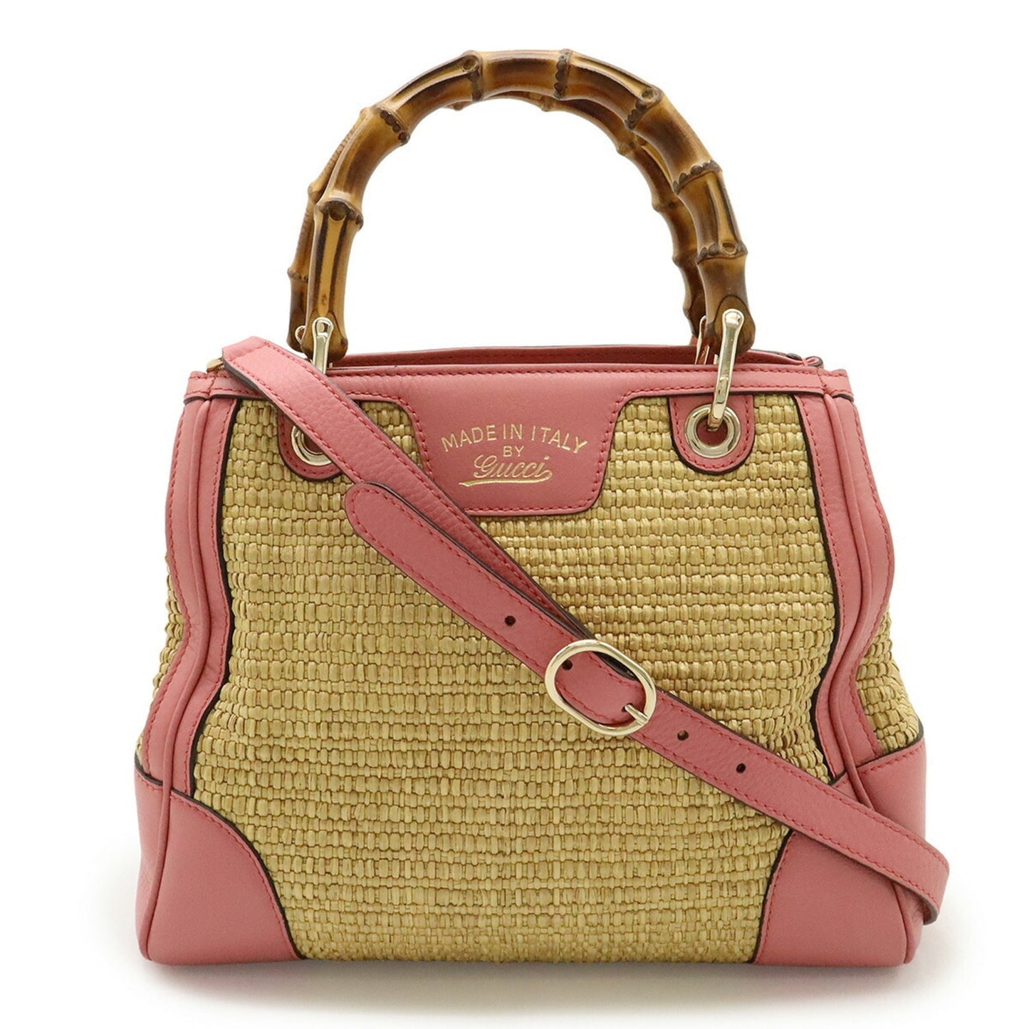 Gucci Pink Straw Leather Bamboo Handbag Shoulder Bag ( )
