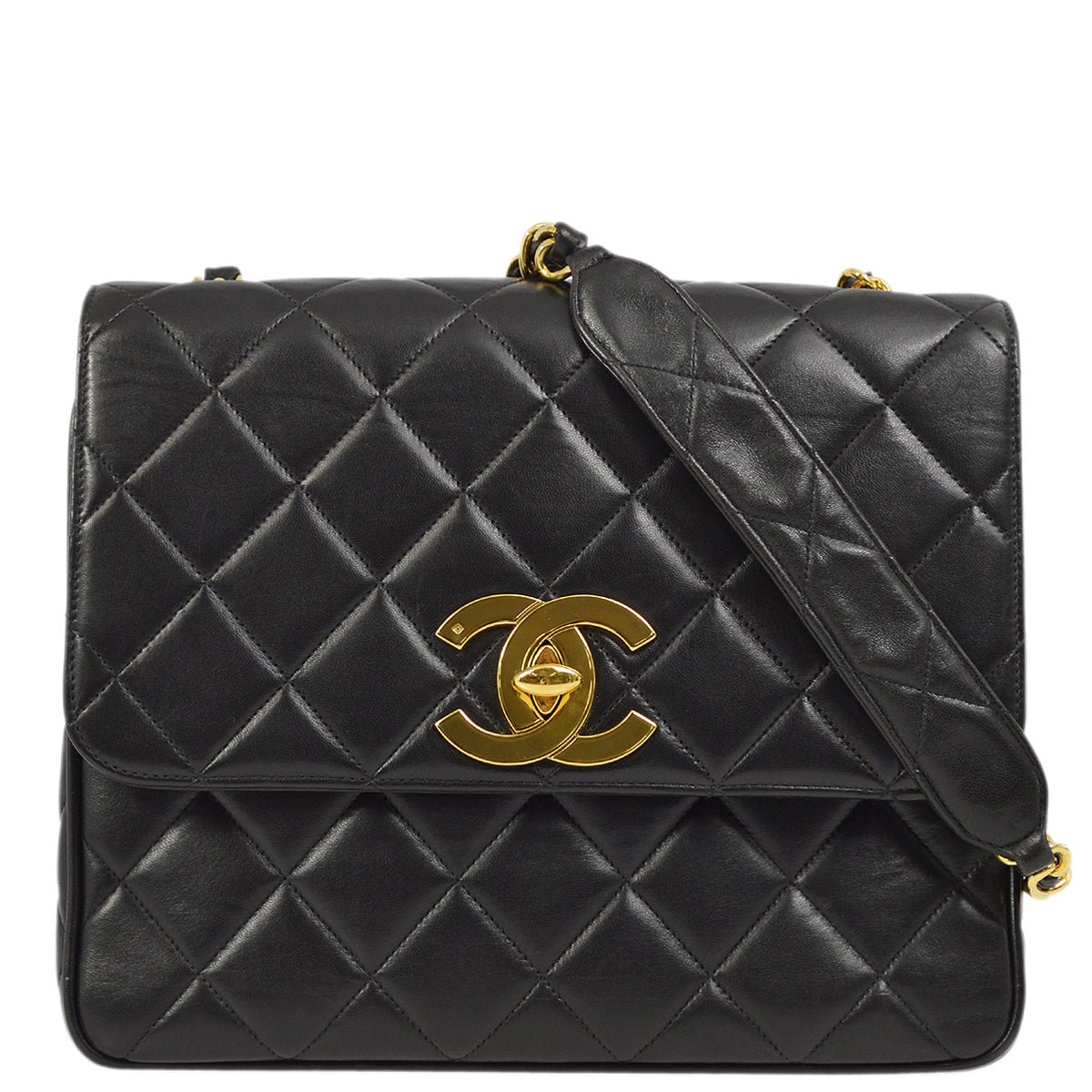 Chanel Black Lambskin Straight Flap Shoulder Bag