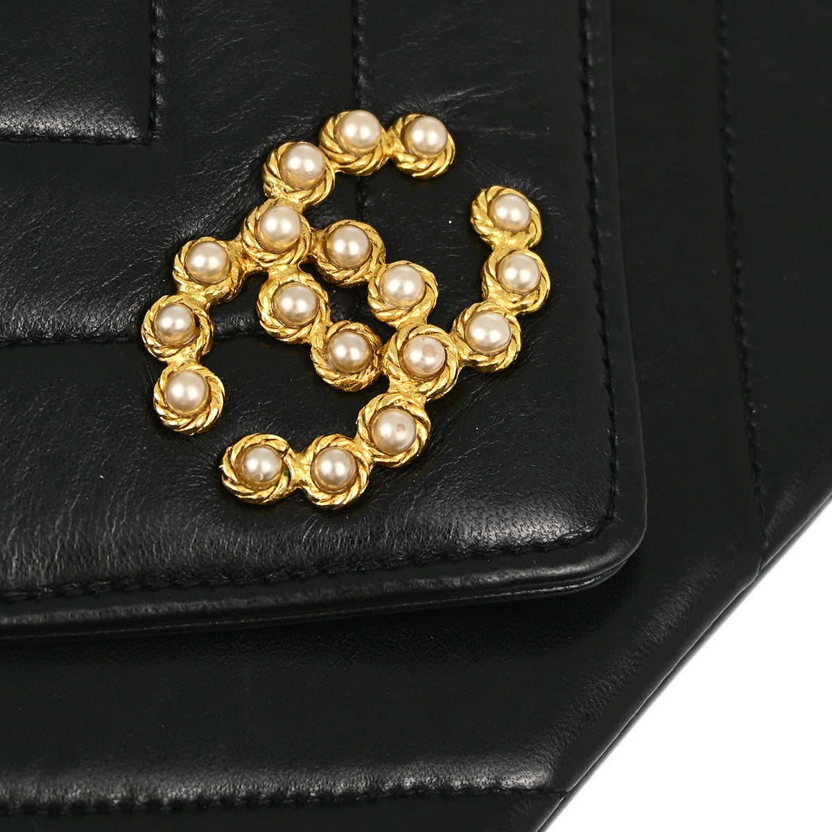 Chanel Black Lambskin Chevron Artificial Pearl Shoulder Bag