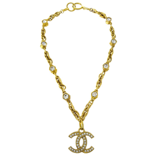 Chanel CC Chain Pendant Necklace Rhinestone Gold