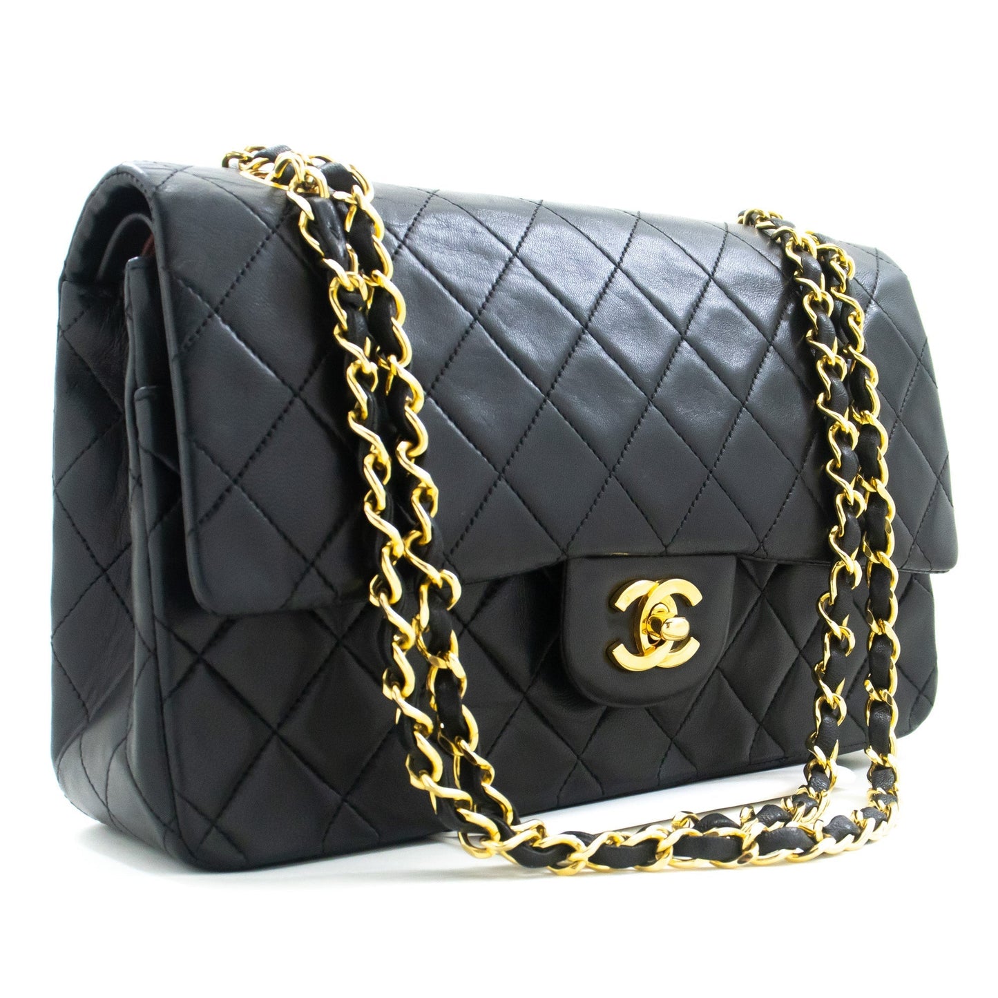 CHANEL Classic Double Flap 10" Chain Shoulder Bag Black Lambskin