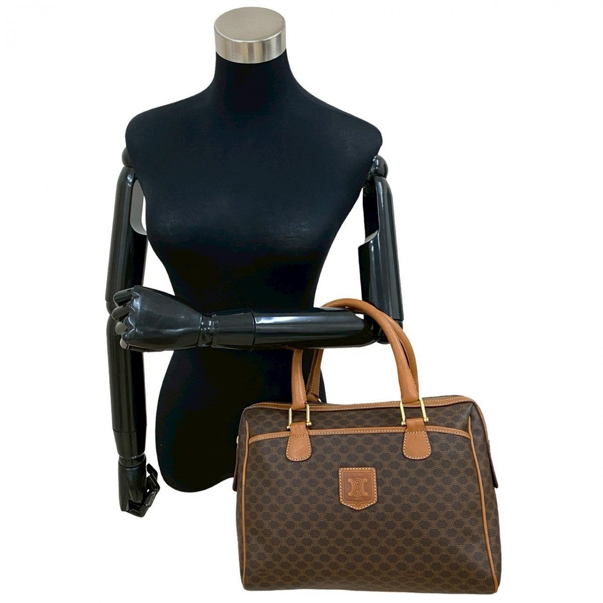 CELINE Handbag Leather, PVC Brown Macadam Blazon Pattern Triomphe logo Women