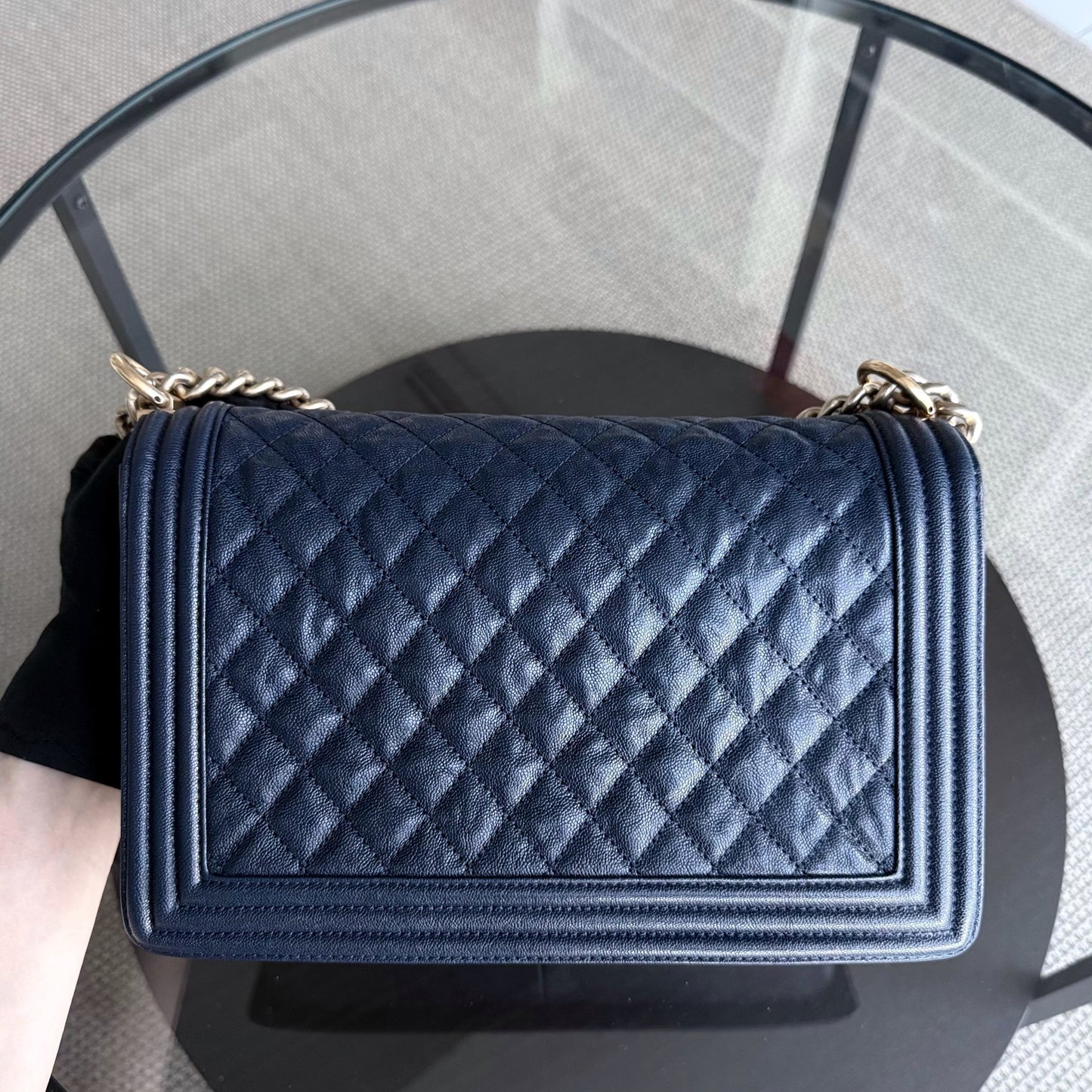Chanel Boy New Medium - Caviar 28CM Quilted Grained Calfskin Dark Navy Blue Gold Hardware Series 26
