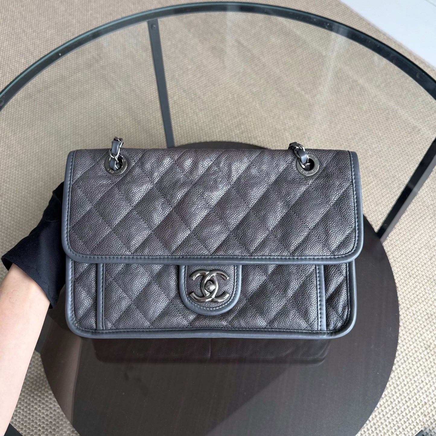 Chanel French Riviera - Caviar Quilted Grained Calfskin Grey Gray Silver Hardware Series 20
