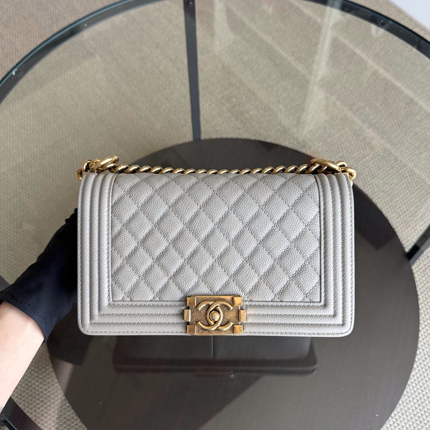 Chanel Boy Medium - Caviar 25CM Quilted Grained Calfskin Grey Gray Gold Hardware Series  20