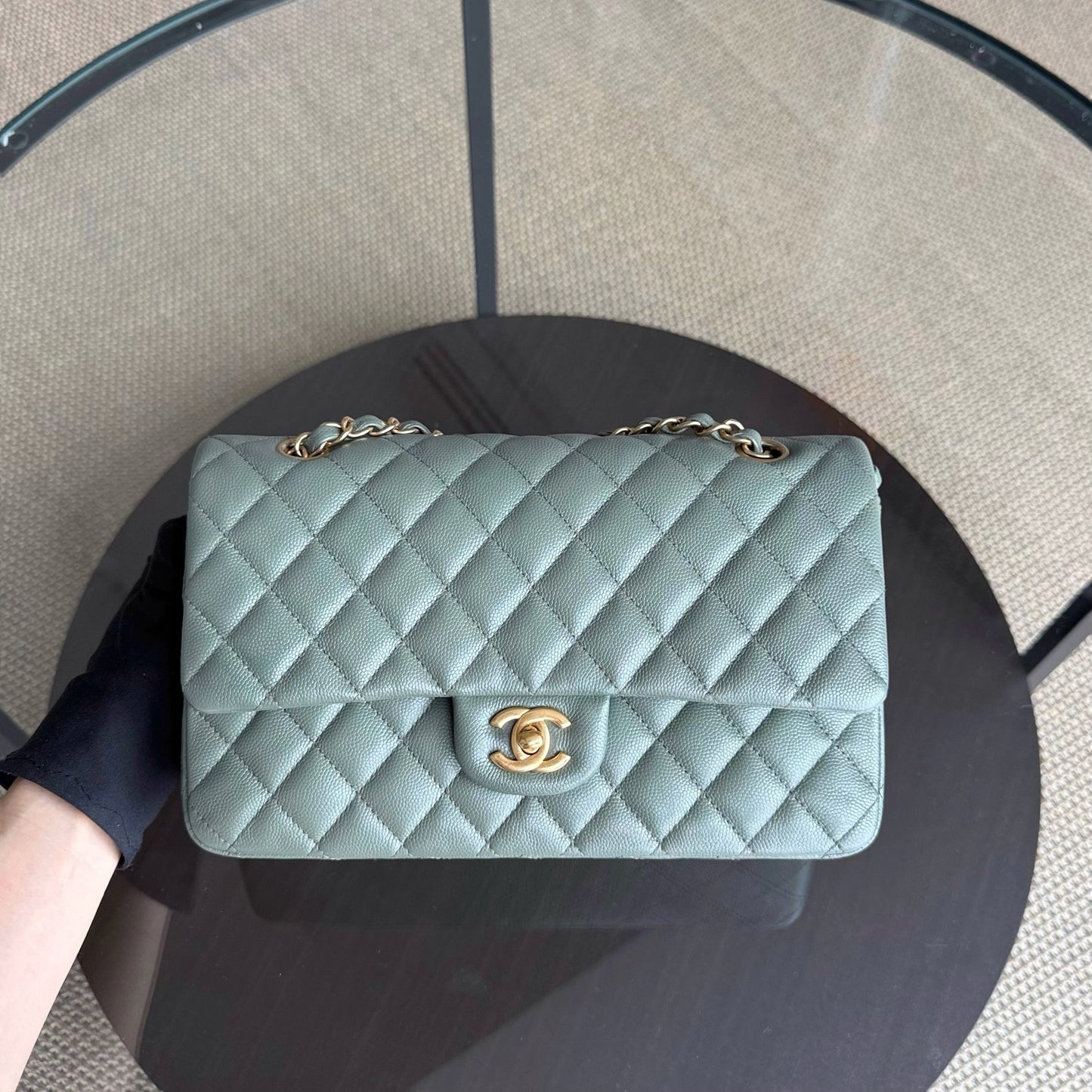 Chanel Classic Flap Medium - Caviar 25CM Quilted Grained Calfskin Light Blue Green Gold Hardware Series 25