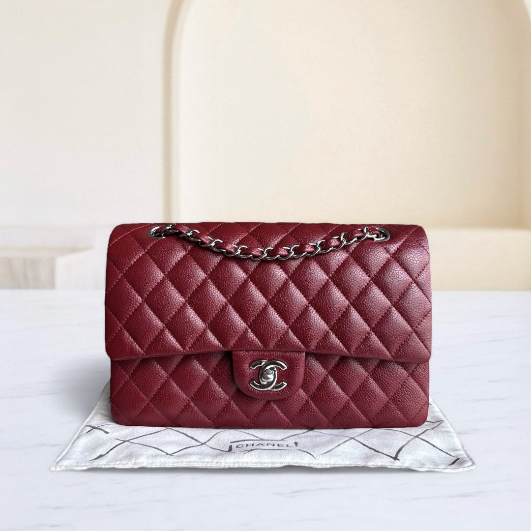 Chanel Classic Flap Medium - Caviar 25CM Quilted Grained Calfskin Burgundy Dark Red Silver Hardware
