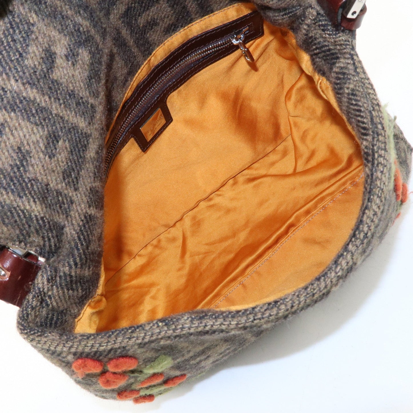 FENDI Mamma Baguette Wool Leather Shoulder Bag Tree Motif Khaki
