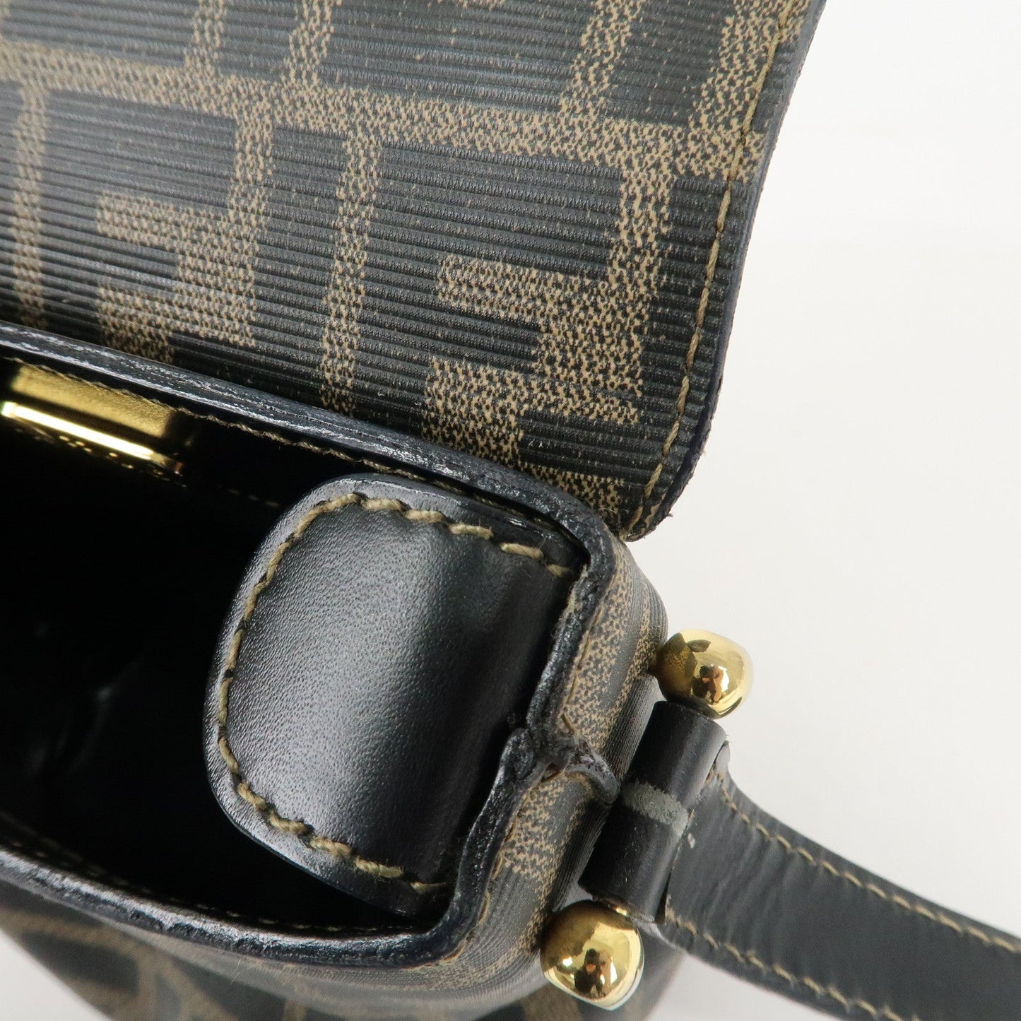 FENDI Zucca Logo Print PVC Leather Shoulder Bag Black Brown