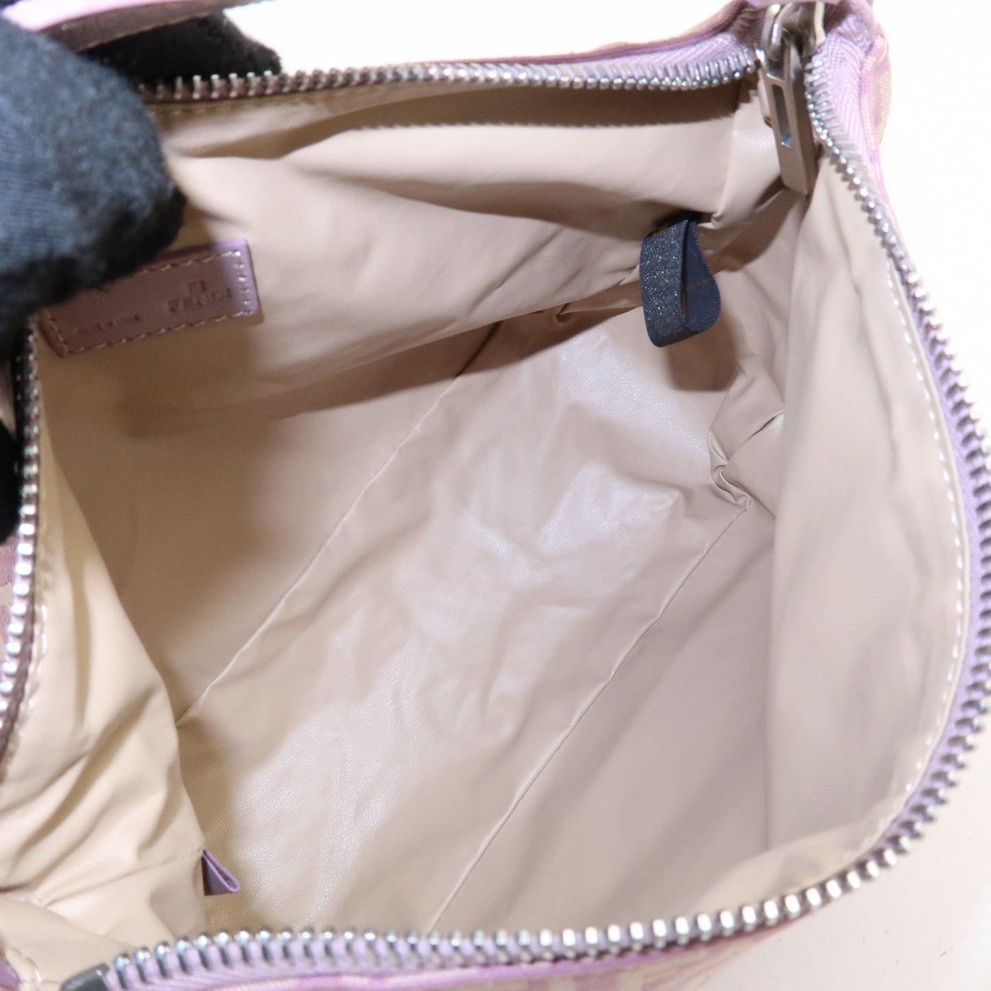 Auth FENDI  Zucchino Canvas Leather Hand Bag Pouch Purple Beige 8N0005  F/S