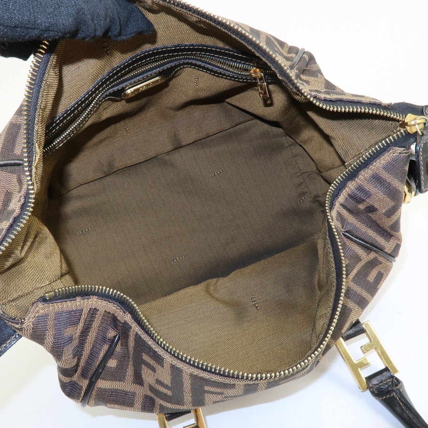FENDI Zucca Canvas Leather Boston Bag Hand Bag Brown Black