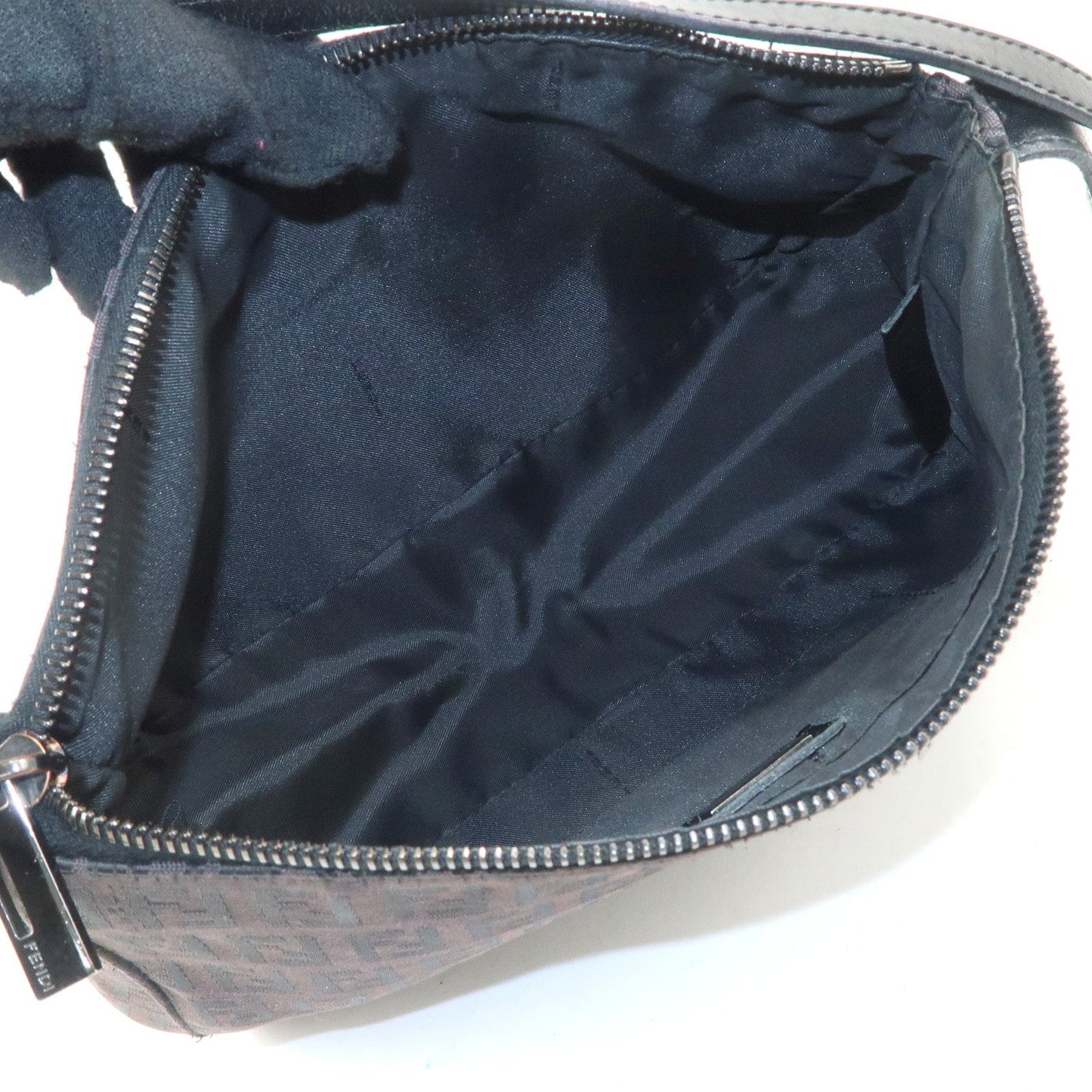 FENDI Zucchino Canvas Leather Shoulder Bag Dark Brown 8BR444