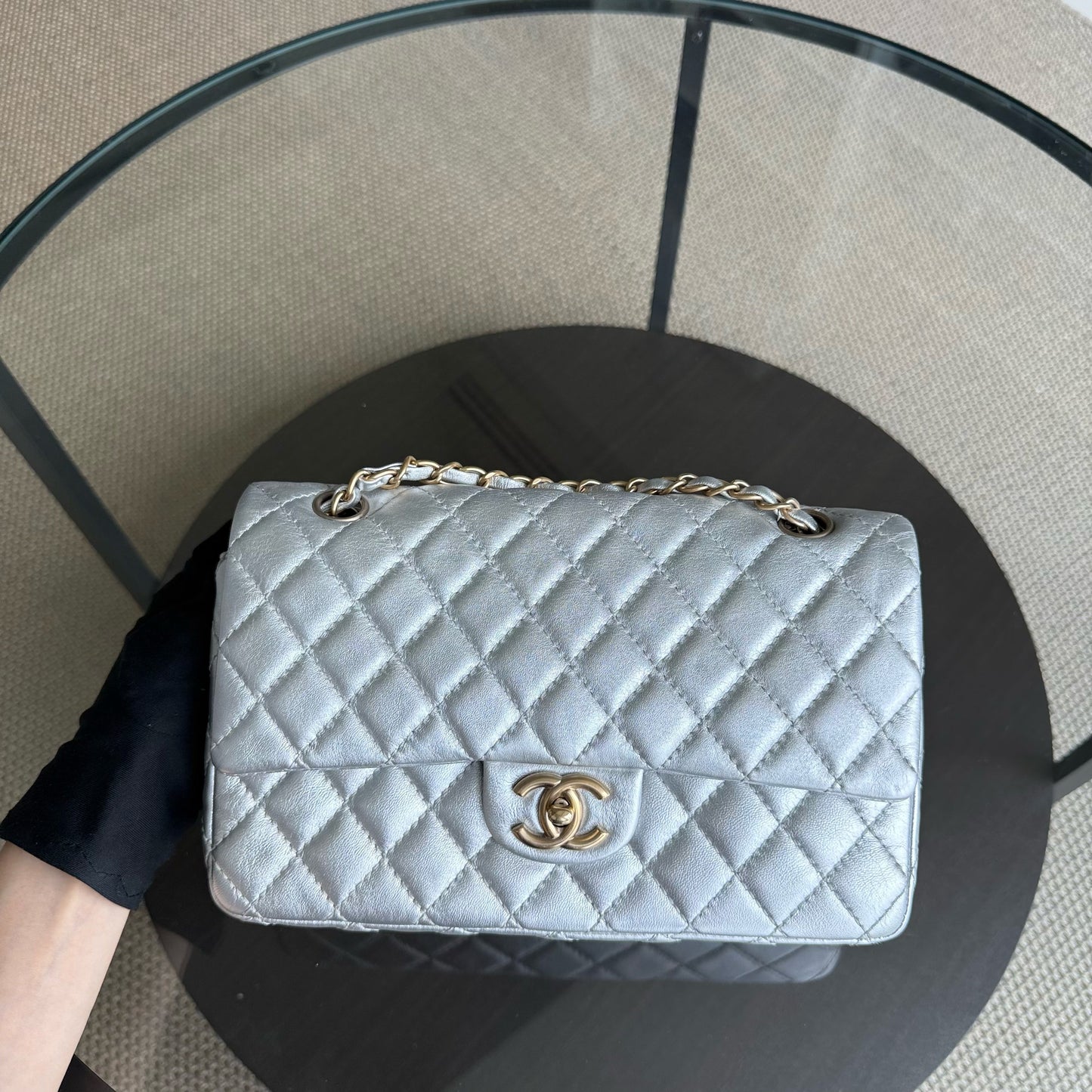 Chanel Classic Flap Medium - 25CM Quilted Lambskin Metallic Silver Gold Hardware Series 12