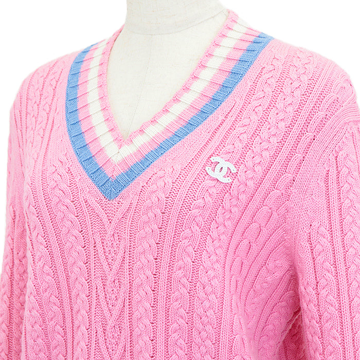 Chanel Cashmere Blend V-Neck Cable Knit Sweater Classic Flap Tote