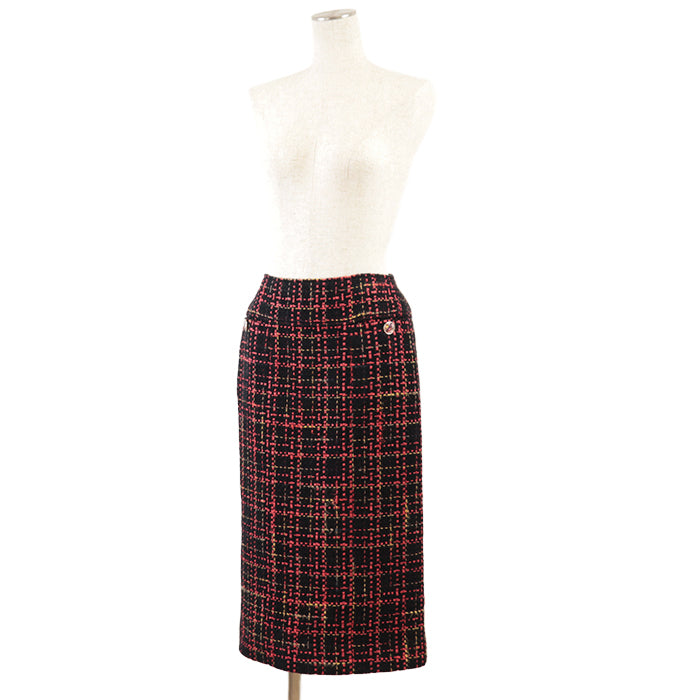Chanel Tweed Skirt , Crystal Button, Check Pattern, Black/Red/Mustard Classic Flap Tote