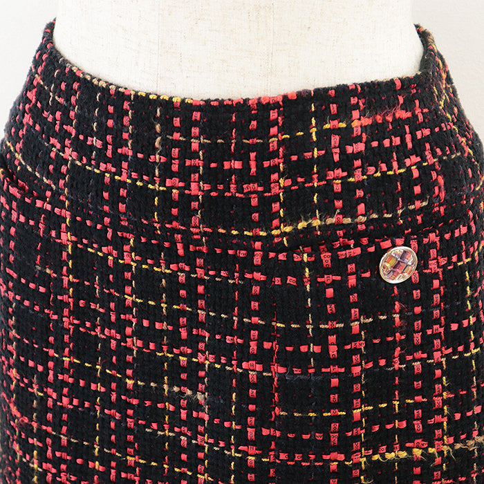 Chanel Tweed Skirt , Crystal Button, Check Pattern, Black/Red/Mustard Classic Flap Tote