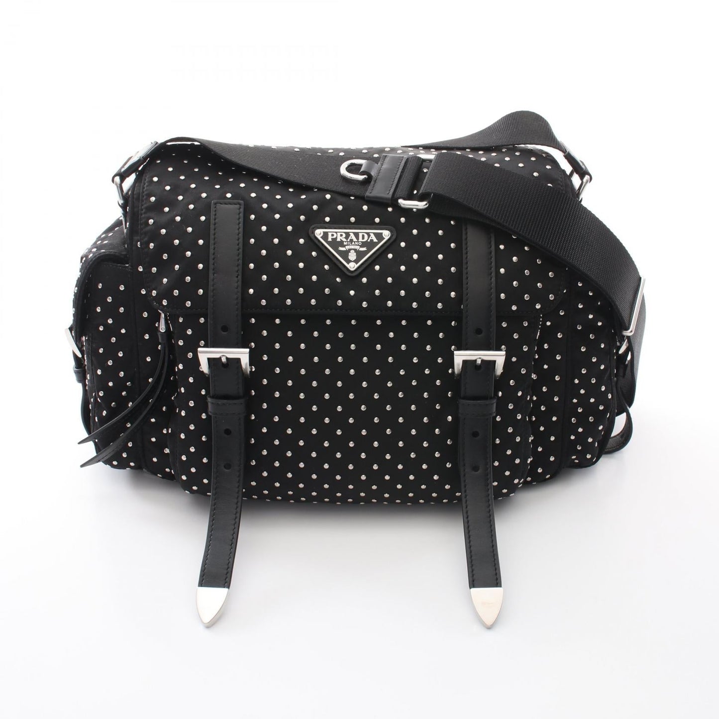 Prada Studs Nylon Leather Shoulder Bag